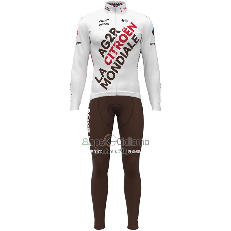 Ag2r Citroen Team Ropa Ciclismo Culotte Largo 2023 Mangas Largas Blanco Brown